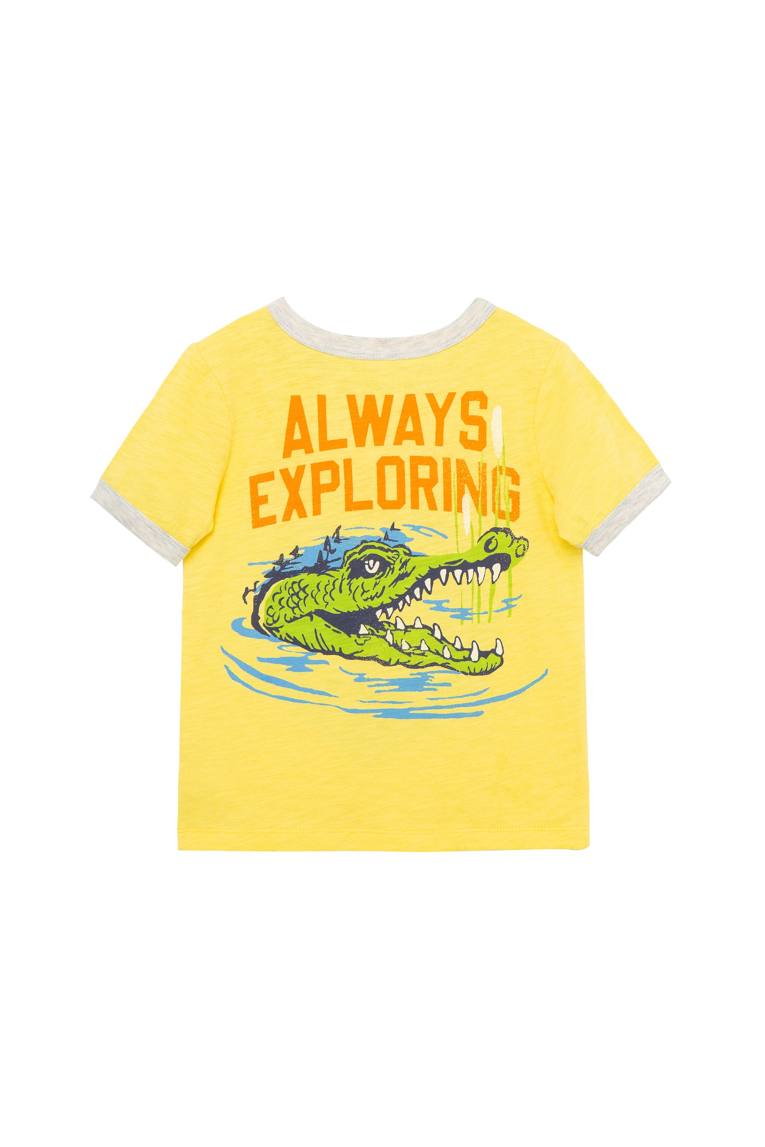 BACK OF YELLOW T-SHIRT WITH "ALWAYS EXPLORING"