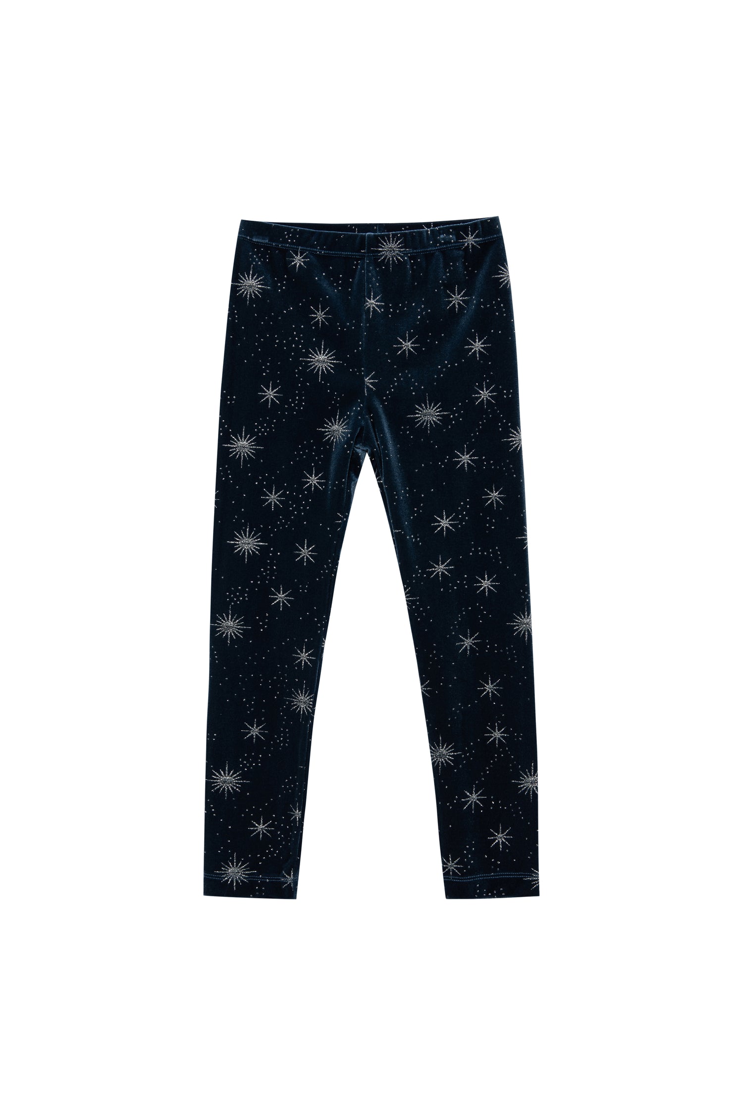 Front view of navy velour leggings with glitter print 