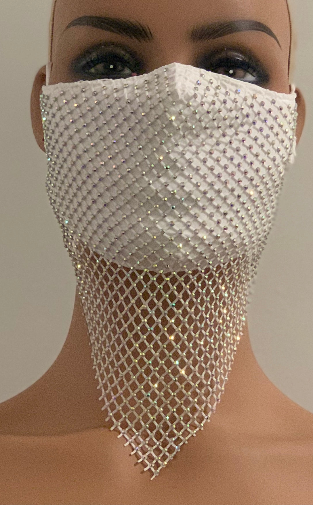 WHITE RHINESTONE DIAMOND NETTED FACE MASK
