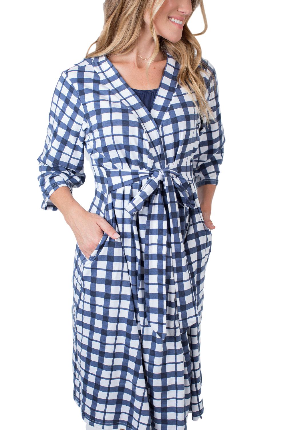 Knit Maternity and Delivery Robe Black and White Checkered Maternity Robe Black Gingham