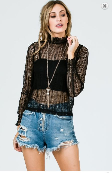 Black High Neck Sheer Lace Long Sleeve Top