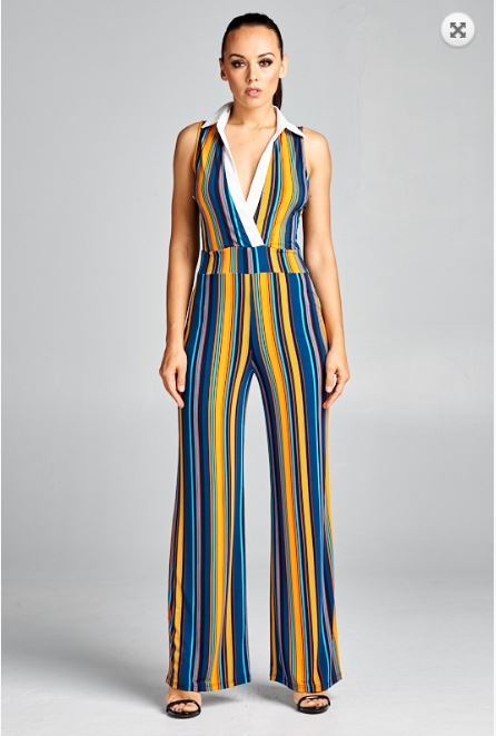 yellow and blue striped jumpsuit