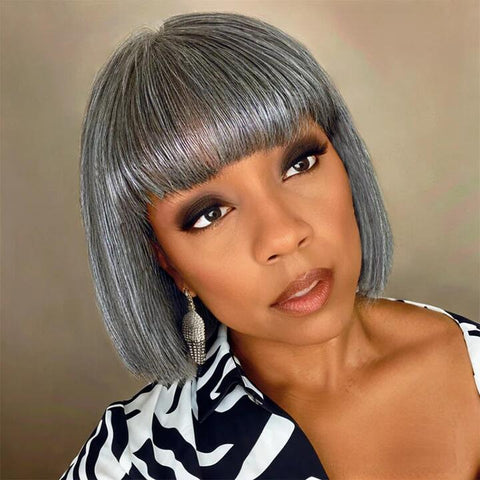Trendy Salt & Pepper Short Straight Bob Wig With Bangs Real Human Hair Glueless 4x4 Lace Closure Wigs For Seniors
