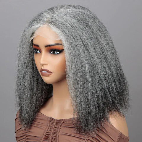 5x5 lace salt and pepper yaki straight human hair wig