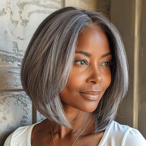 Chic Silver Gray Straight Bob Beginner Friendly Salt and Pepper Real Human Hair 4x4 Lace Glueless Wigs For Seniors