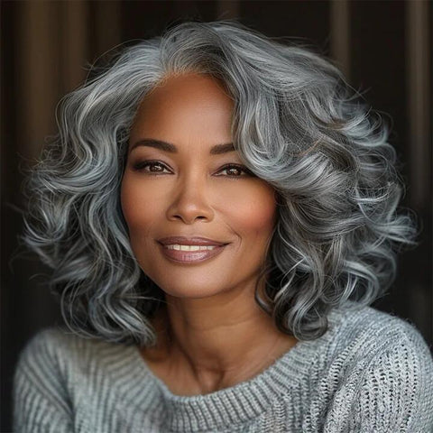 Silver Gray Big Loose Curly Wig For Seniors Salt & Pepper Human Hair Custom Bob Wigs For Women Over 60