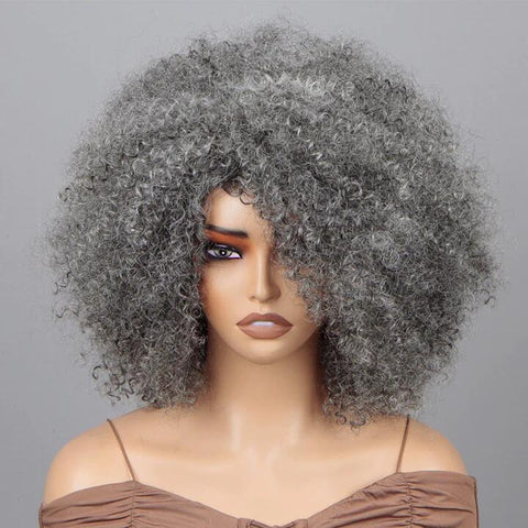 Silver Grey Wig For Seniors Beginner Friendly Salt and Pepper Color Afro Kinky Curly Human Hair Wear and Go Wig