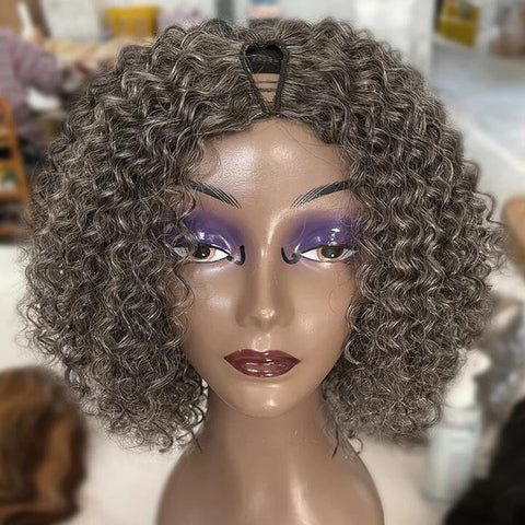 Silver Grey Jerry Curly V-Part Wear And Go Wigs Real Human Hair Salt and Pepper Short Bob For Women Over 50