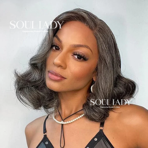 Seniors' Wig Soul Lady Salt and Pepper Bob Wig Loose Wave 100% Human Hair Wear and Go 4x4 HD Lace Wigs For Mom