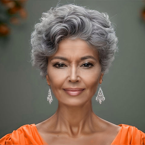 Short Silver Grey Pixie Cut Wig Natural Wave Human Hair Salt And Pepper Glueless Wigs For Older Women-GPXW001C