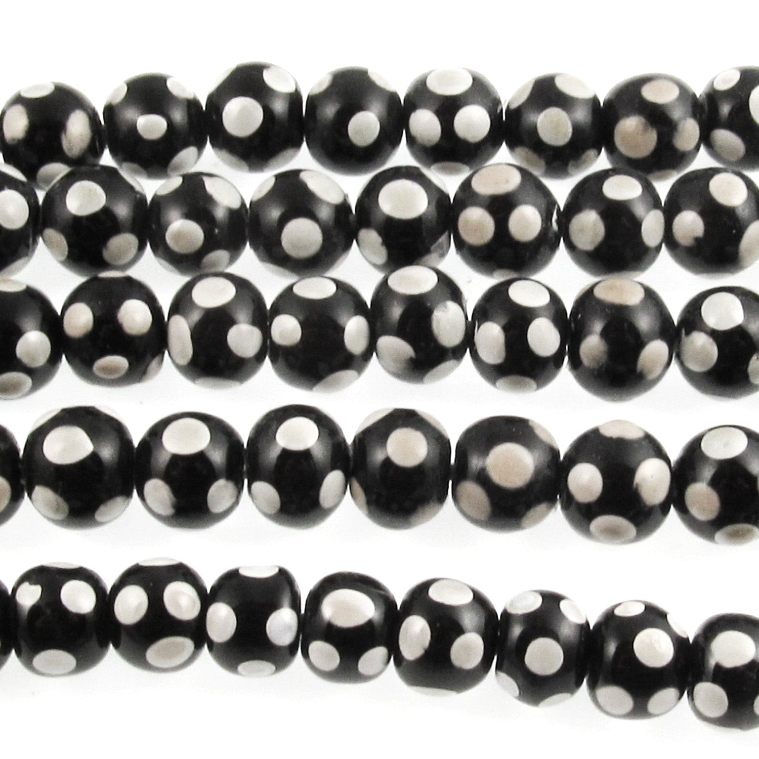Unique Glass Lampwork Beads Strand, Elegant Black with Light Gray Dots, 8-9mm
