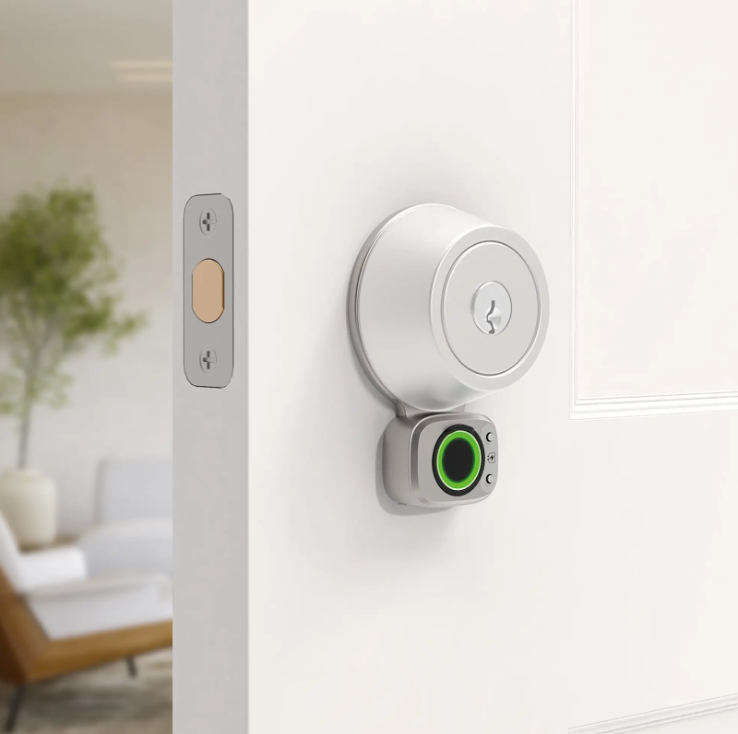 A Lockly retrofit smart lock.