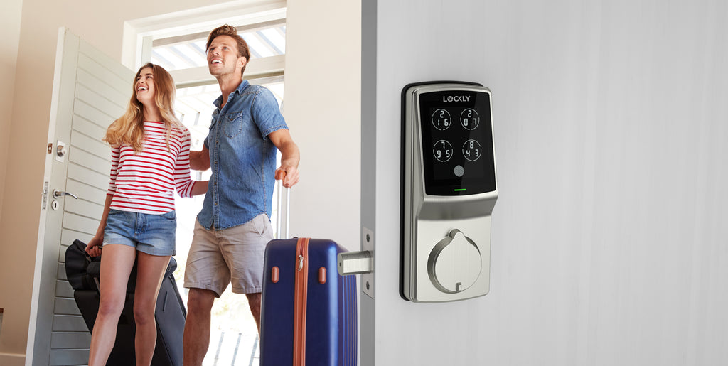 A family arriving to an Airbnb with a smart lock.