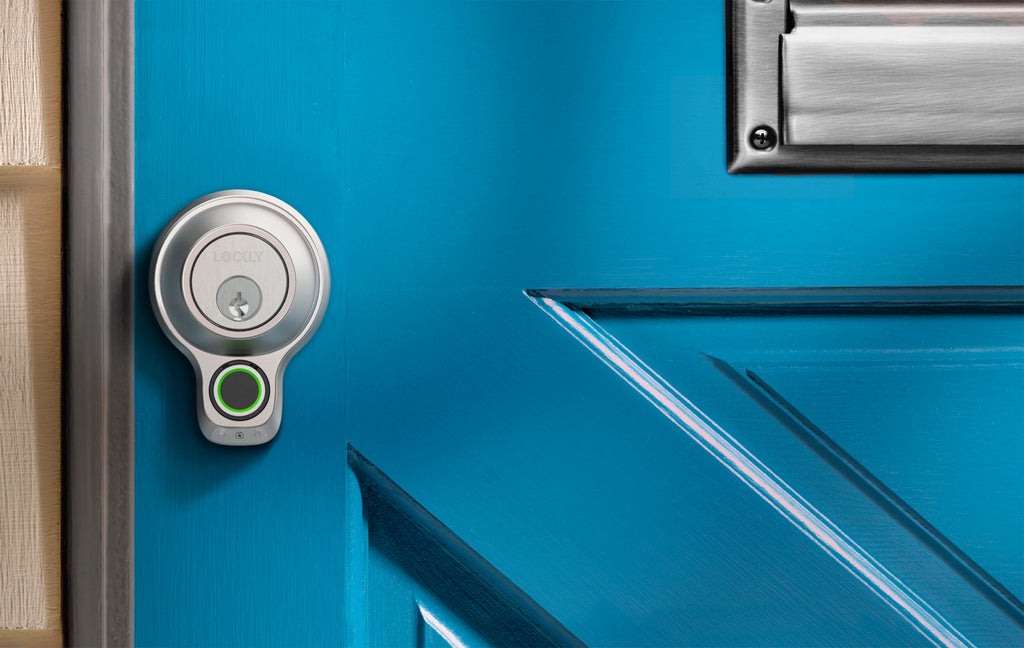 Retrofitting a smart lock on a blue door.
