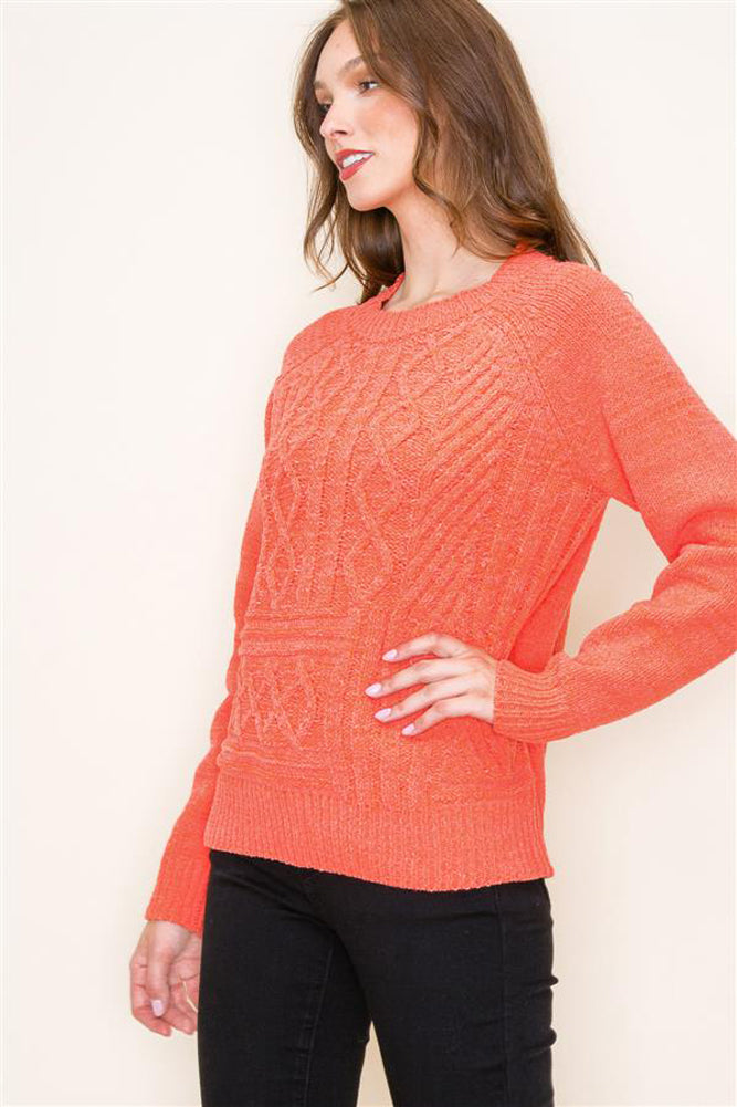 Cable Crew Neck Sweater in Orange by Staccato