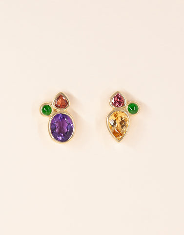 Marisa's prong set cluster studs in 14kt yellow gold using the leftover stones that match her gem-forward pendant