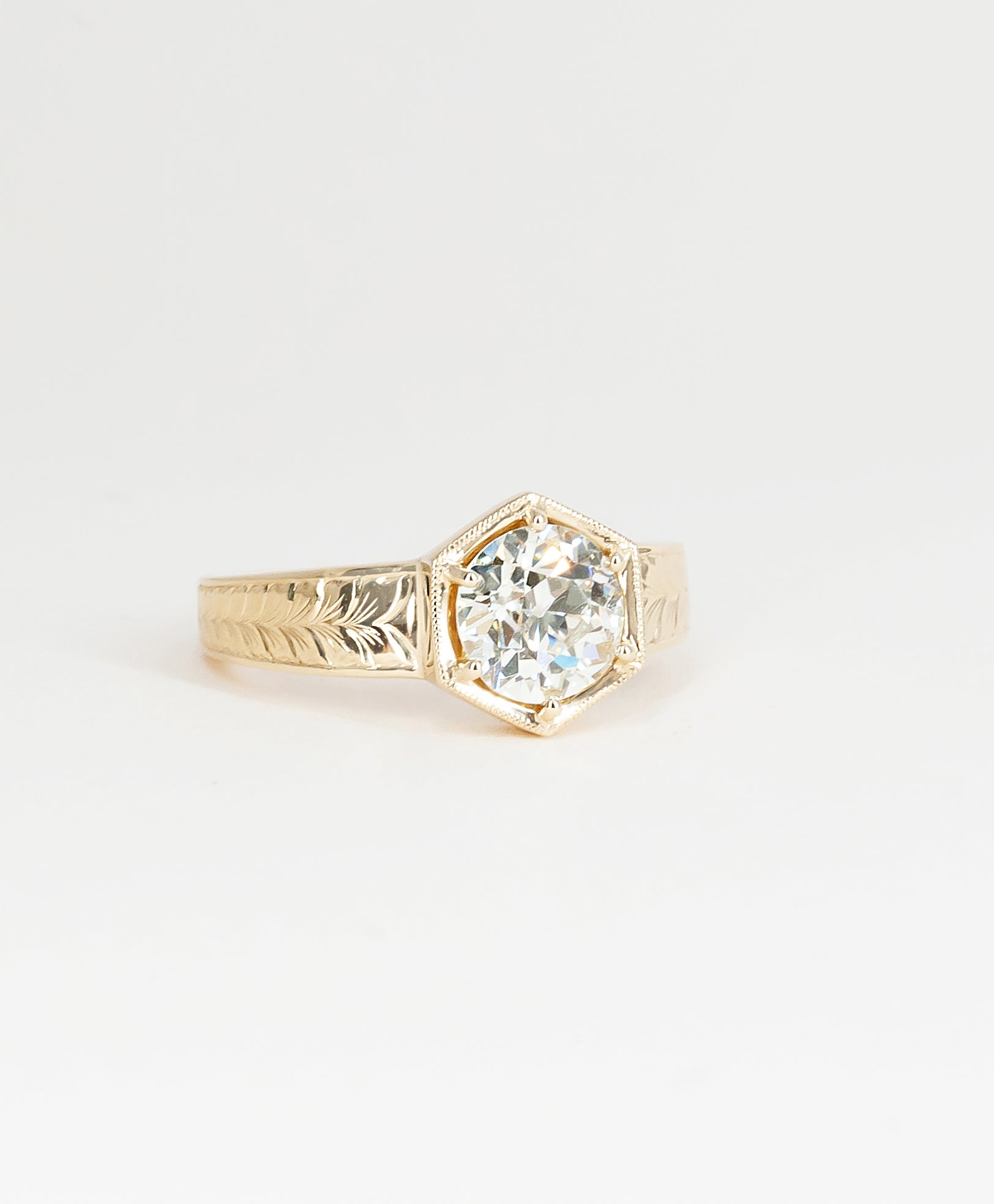 Alex's gorgeous final ring featuring her antique diamond accented by wheat-pattern engravings