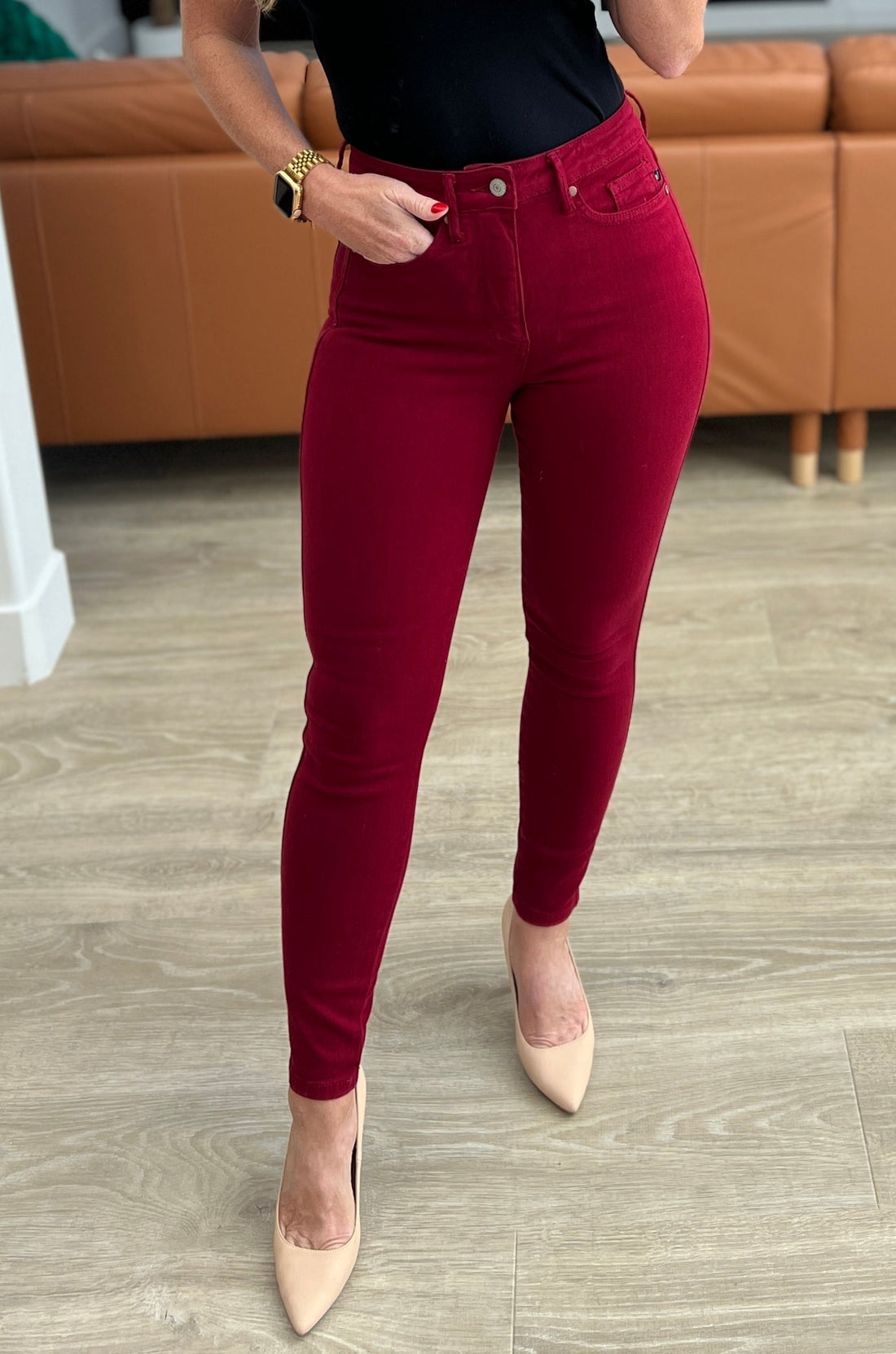 Ruby High Rise Control Top Garment Dyed Skinny Jeans in Red - Judy Blue