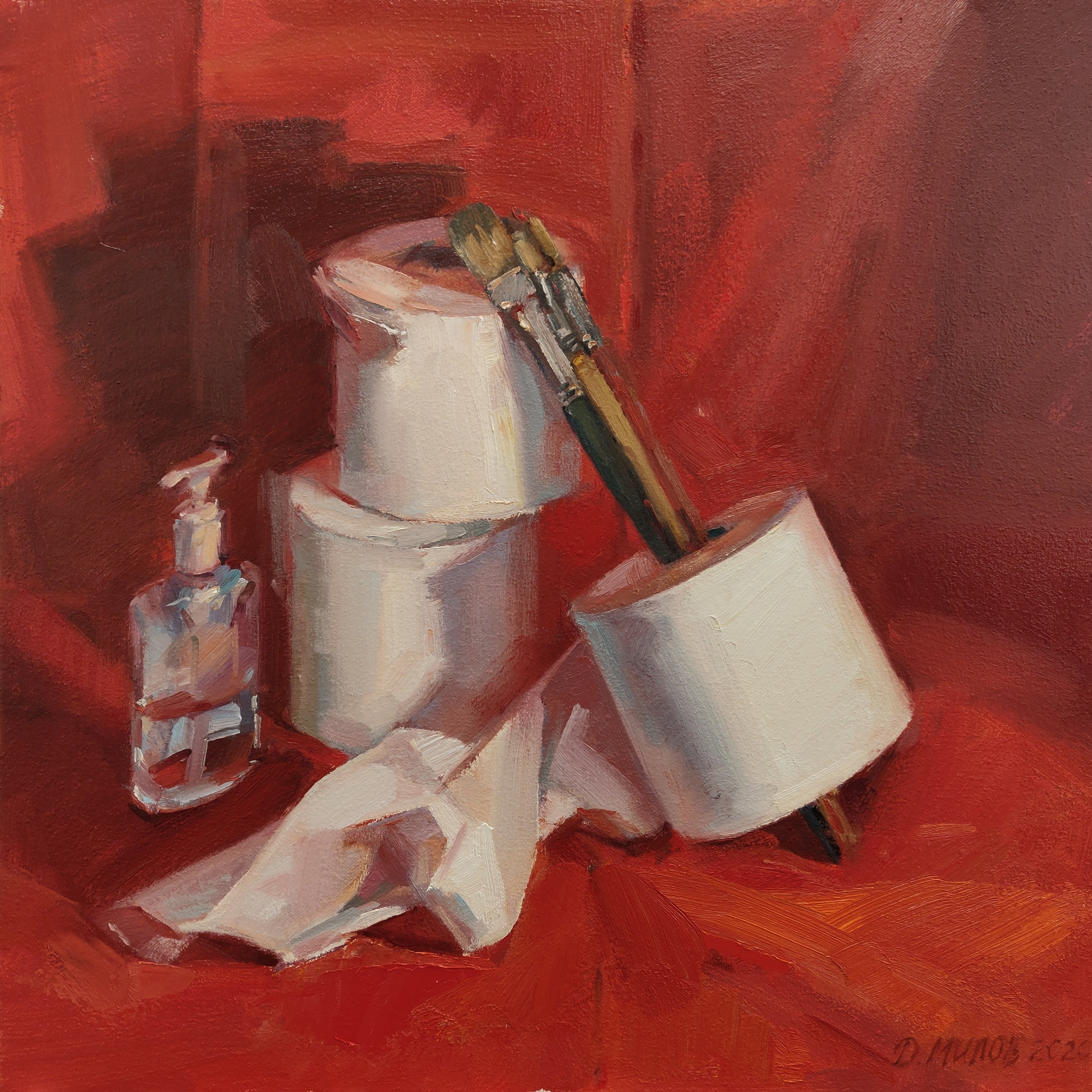 Still life painting with toilet paper, hand sanitizer and paintbrushes