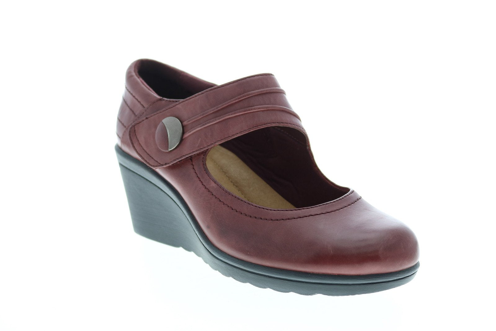Earth Heron Leather Womens Burgundy Leather Strap Wedges Heels Shoes ...