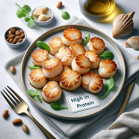 Cooked scallops arranged neatly on a plate against a simple background, with the text 'High in Protein' prominently displayed to emphasize their nutritional value