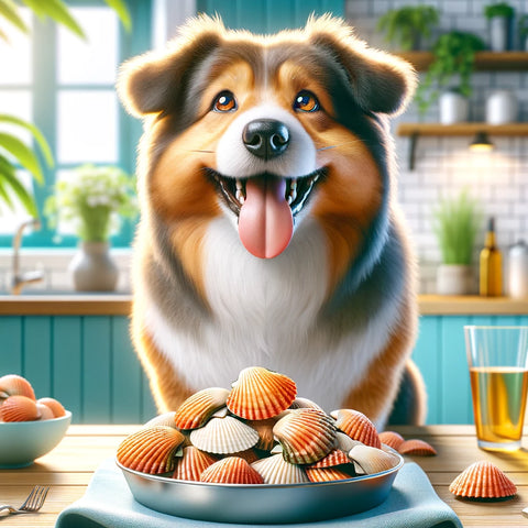 A happy, healthy dog with a shiny coat and bright eyes, eating scallops from a bowl in a pleasant home or garden setting, illustrating the benefits of scallops for a dog's immune system.