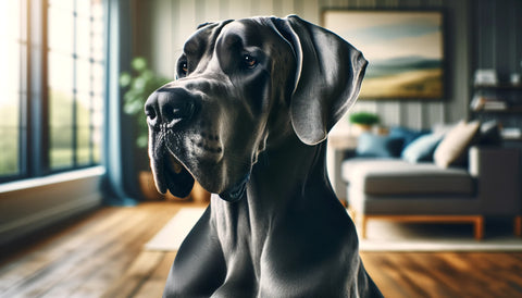 Majestic Great Dane dog in a horizontal pose, showcasing its large size and muscular build, with a calm and friendly expression, set against a pleasant indoor or outdoor backdrop, ideal for a blog post about Great Dane dogs.
