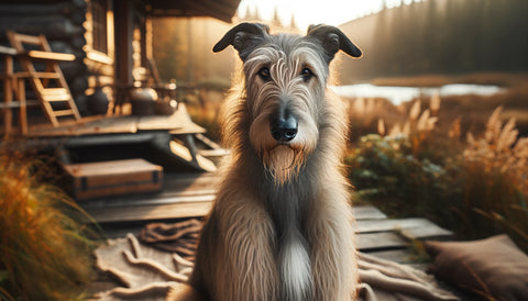 Irish Wolfhound dog standing tall, showcasing its noble stature and rugged wiry coat, in a harmonious indoor or outdoor setting, perfectly suited for a blog article focused on the Irish Wolfhound breed.