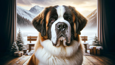 Saint Bernard dog portrayed with its large size and muscular build, displaying a friendly and expressive face, set against a snowy mountain landscape or a comfortable home setting, emphasizing the breed's gentle giant nature and rescue dog heritage.