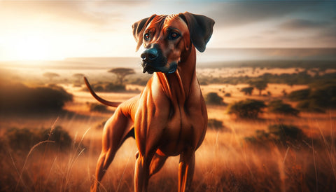 Rhodesian Ridgeback dog with an athletic build and distinctive ridge on its back, posed to display strength and agility, set against a savannah or grassland background, capturing the essence of this noble breed's African roots.