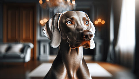 Elegant Weimaraner dog with a sleek silver coat and striking blue or amber eyes, posed gracefully, set against a stylish indoor setting or a natural outdoor landscape, showcasing the breed's distinguished and refined appearance.