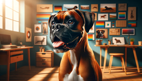 Lively Boxer dog with a strong build and expressive, alert face, posed energetically, set against a simple and uncluttered background, capturing the vibrant and playful spirit of the Boxer breed.