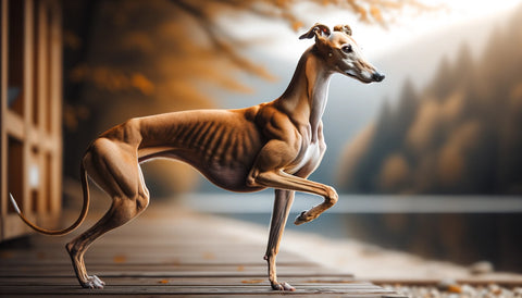 Realistic portrayal of a Greyhound dog with a slim, aerodynamic build and elegant posture, in a natural, lifelike pose, set against a simple and realistic background, highlighting the breed's grace and athleticism.
