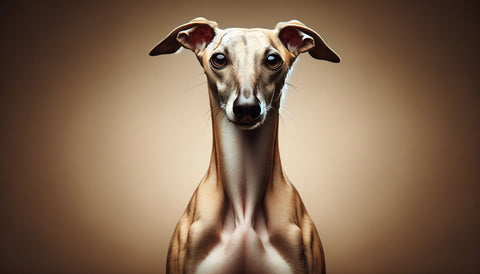 Realistic image of a Whippet dog with a slender build, deep chest, and gentle expression, portrayed in a natural pose that emphasizes its streamlined silhouette and elegance, set against a simple background.