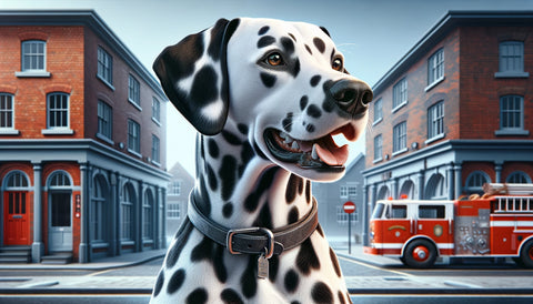 Realistic image of a Dalmatian dog with a distinctive spotted coat and muscular build, portrayed in an active pose, set against a background that complements its energetic personality and historical association