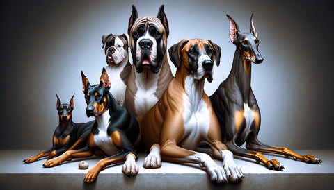 Realistic image of four dog breeds - Great Dane, Boxer, Doberman Pinscher, and Greyhound - showcasing their unique characteristics with a focus on their deep chests, set against a simple background, highlighting the physical attributes and size differences of each breed.