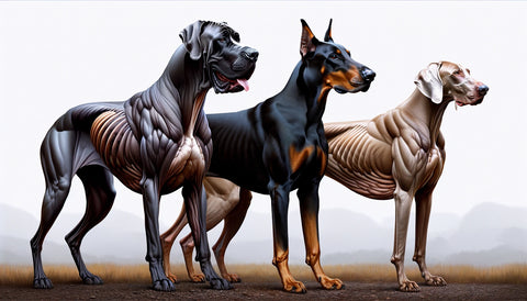 Realistic image of three deep-chested dog breeds - Great Dane, Doberman Pinscher, and Weimaraner - highlighting their elongated ribcage and spacious chest cavity, set in a natural setting suitable for running, hiking, and agility training, showcasing their lung capacity and endurance.