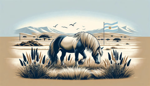 image showcasing a Falabella horse in an Argentine landscape, emphasizing its origins in the Pampas region.