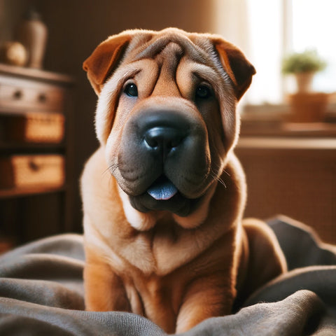 Shar-Pei Dog Sitting On Bed - Wrinkly Dog Breed