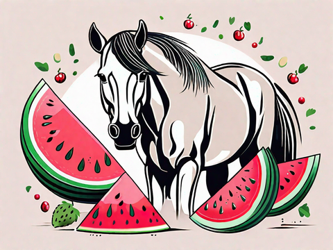 An artful drawing of a horse surrounded by big slices of watermelon.