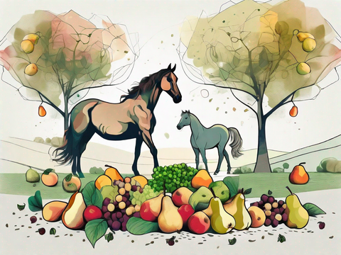 Artwork depicting two horses under pear trees with a melange of fruit in front of them.