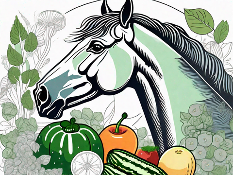 An artistic depiction of a horse surrounded by various fruits and vegetables, including cucumbers.