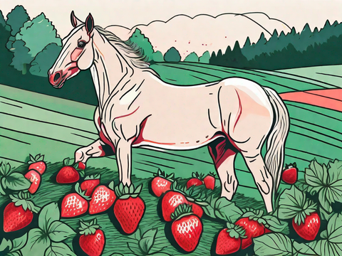 An artist’s drawing of a horse in a bright green field with very large red strawberries in the foreground.