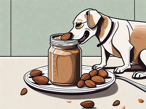 A dog curiously sniffing a jar of almond butter, surrounded by almonds.