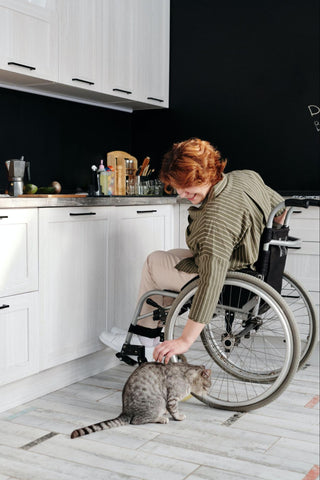 A woman in a wheelchair reaching out to tenderly pet a cat on its back