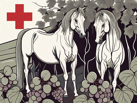An artist’s drawing of white horses looking unwell surrounded by pale purple grape bunches.