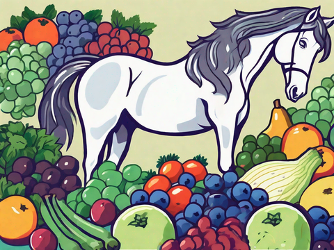 An artist's drawing of a white horse surrounded by a variety of fruits and vegetables.