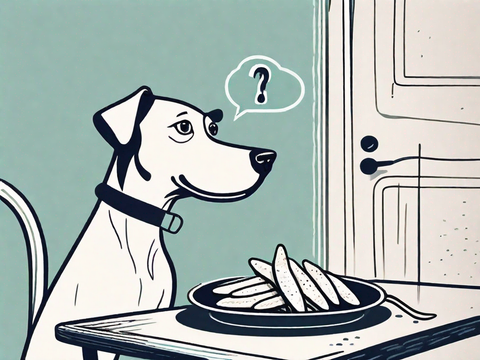 Drawing of a questioning dog seated at a table with a plate of fish sticks in front of it.