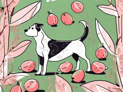 An artistic drawing of a black and white dog surrounded by guava