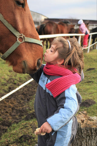 A kid kissing a sorrel horse on its face